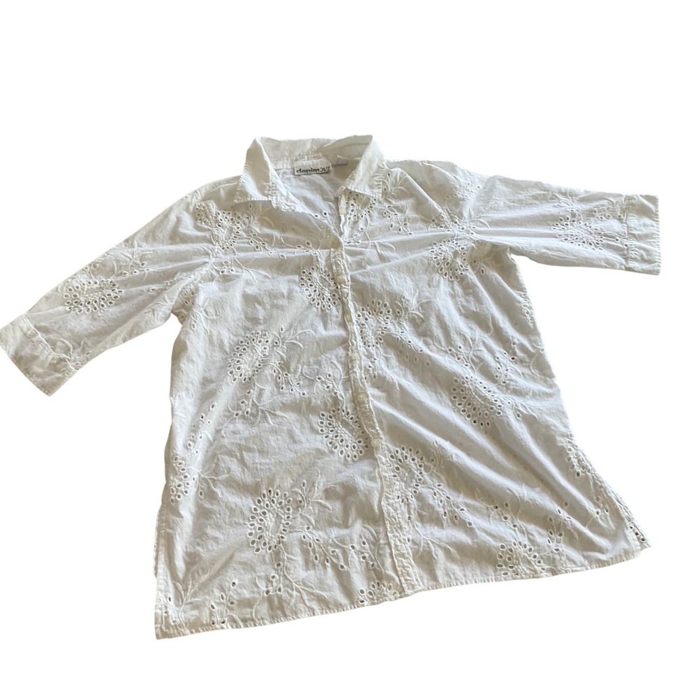 Denim 24/7 Eyelet Button Down Women 24W White 100% Cotton 3/4 Sleeve Floral Lace